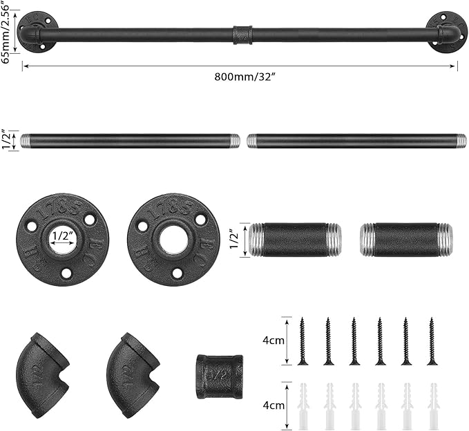 Industrial Pipe Towel Rack Towel Bar, Heavy Duty Wall Mounted Rustic Farmhouse Bath Towel Holder for Bathroom (Black, 32 inch)