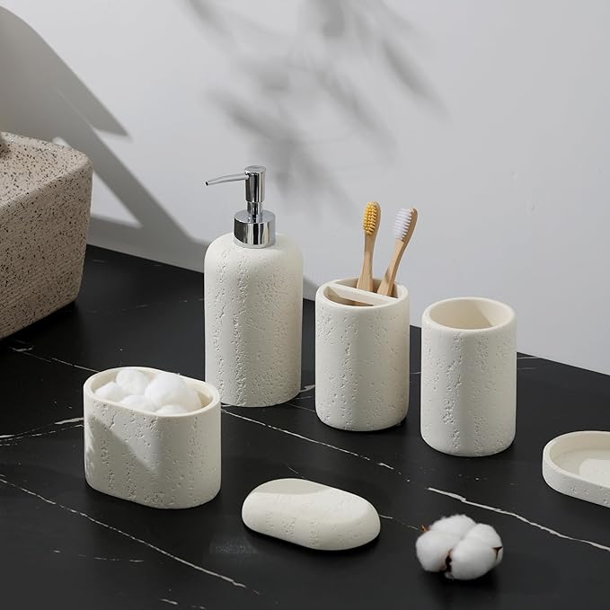 Bathroom Accessories Set, 5PCS Modern Bathroom Accessory Set with Soap Dispenser, Mouthwash Cup & Toothbrush Holder, Qtip Holder, Tray