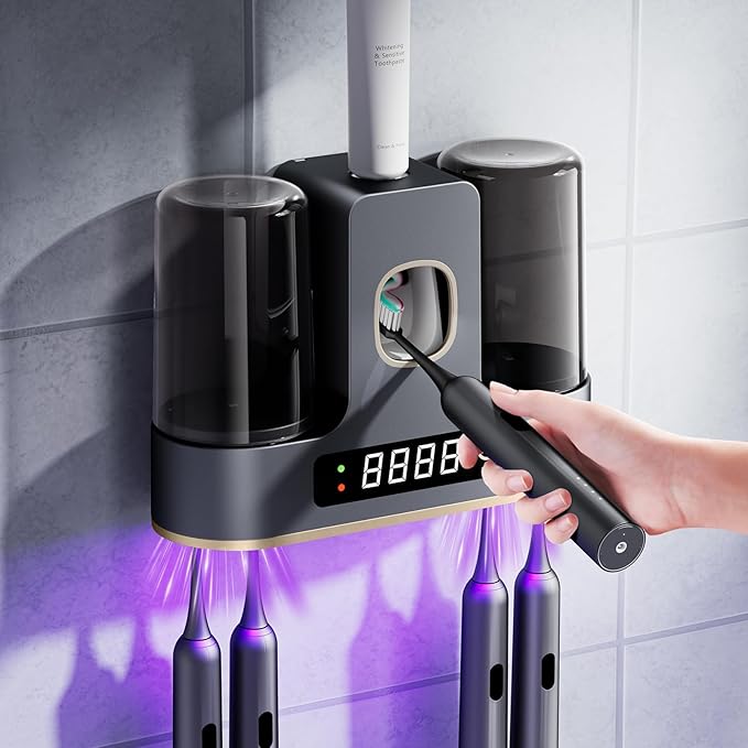 Toothbrush Holders for Bathrooms with Air-Drying, Toothbrush Sanitizer Holder with Smart Countdown LED Screen, 2 Cups Electric Toothbrush Holders Wall Mounted with Toothpaste Dispenser