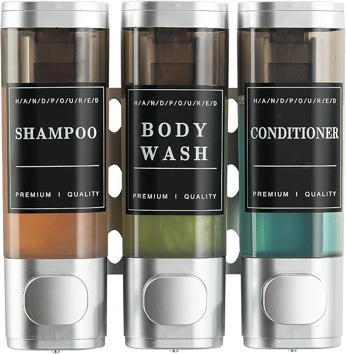 Shower Soap Dispenser Wall Mounted No Drill Shampoo Dispenser for Shower Wall Shampoo and Conditioner Dispenser Bathroom Hotel 3 * 300ml Sliver with Labels