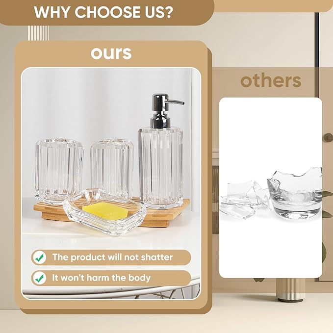 4-Piece Bathroom Accessories Set - Crystal Clear Acrylic, Glass-Like Clarity - Soap Dispenser, Soap Dish, Mouthwash Cup & Toothbrush Holder - Countertop Organizer, Matches Any Decor