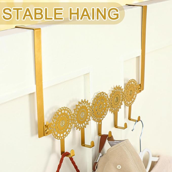 AceOrbit Gold Bohemian Over The Door Hooks Hanger Wall Mount Towel Hanger Door Holder Organizer 5 Hooks Kawaii Farmhouse Rustic Coquettish Style Decor for Bedroom Bathroom Towel Hat Clothes