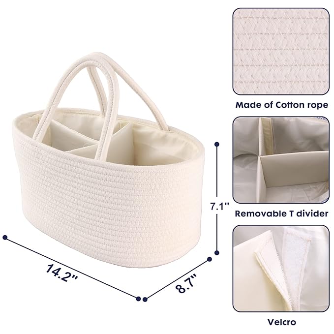 Baby Diaper Caddy Organizer for Girl Boy Cotton Rope Nursery Storage Bin Basket Portable Holder Tote Bag for Changing Table Car Travel Baby Shower Gifts Newborn Essentials Registry Must Haves White