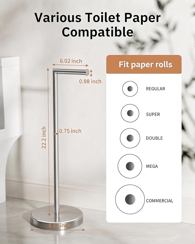 BWE Brushed Nickel Toilet Paper Holder Stand SUS304 Stainless Steel Modern Freestanding Toilet Paper Roll Tissue Holder for Bathroom, Toilet Paper Stand with Heavy Weighted Base