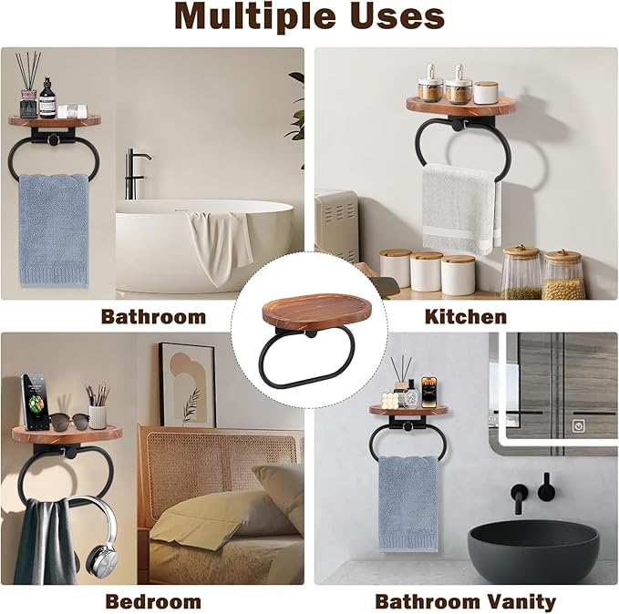 Hand Towel Ring with Shelf, Stainless Steel Hand Towel Holder, Heavy Duty Bath Accessories, Wall Mounted Towel Hanger for Bathroom Kitchen (Wood Black)