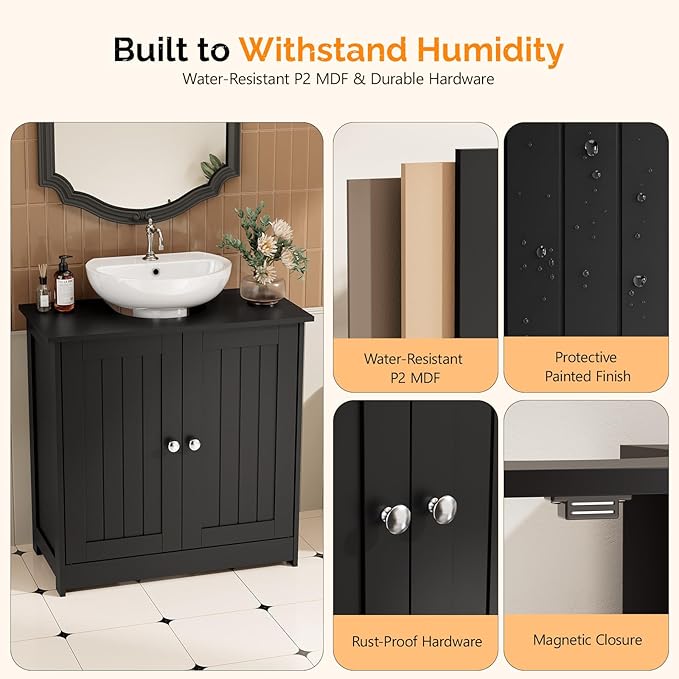 Bonnlo Pedestal Sink Storage Cabinet, 24" Black Under Sink Bathroom Storage Cabinet with 2 Doors and Adjustable Shelf, Traditional Bathroom Space Saver Organizer for Small Spaces, Water-Resistant