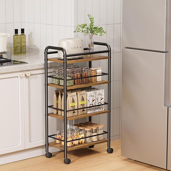 Asgolion Slim Storage Cart, 4-Tier Small Rolling Cart with Wheels, 9.1" Deep, Narrow Bathroom Shelf Trolley for Kitchen, Bathroom, Laundry Room, Rustic Brown Large 4-Tier (9.1" W x 33.6" H)