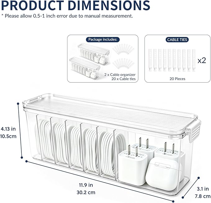 TexHome 2 Pcs Cable Organizer Boxes Clear Charger Cable Storage Boxes with Lid and Cable Straps, Plastic Electronics Cord Organizer for Office Desk Home Drawer Accessories Storage, Clear