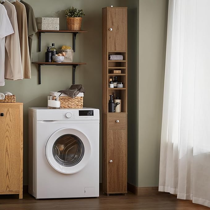SoBuy Bathroom Narrow Storage Cabinet Skinny Tall Unit with Adjustable Shelves Slender Anti-Tipping Floor Standing Cupboard, Natural BZR34-PF