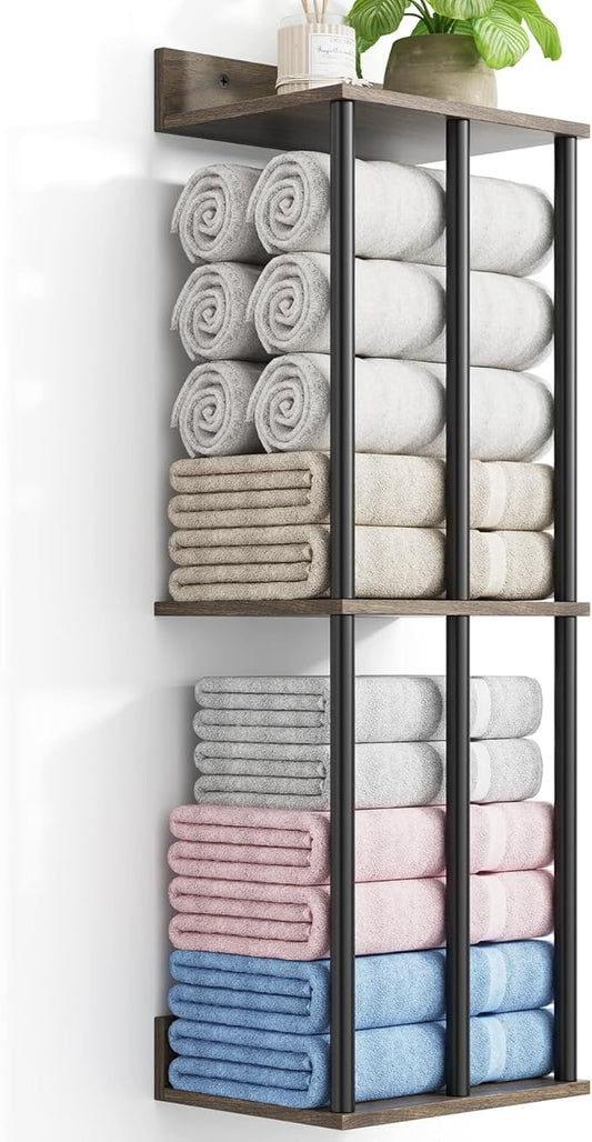 Towel Racks for Bathroom Wall Mounted with Wooden Storage Shelf, Updated 3 Bar Metal Towel Holder for Rolled Towels, Sturdy and Large Capacity, Towel Storage Organizer