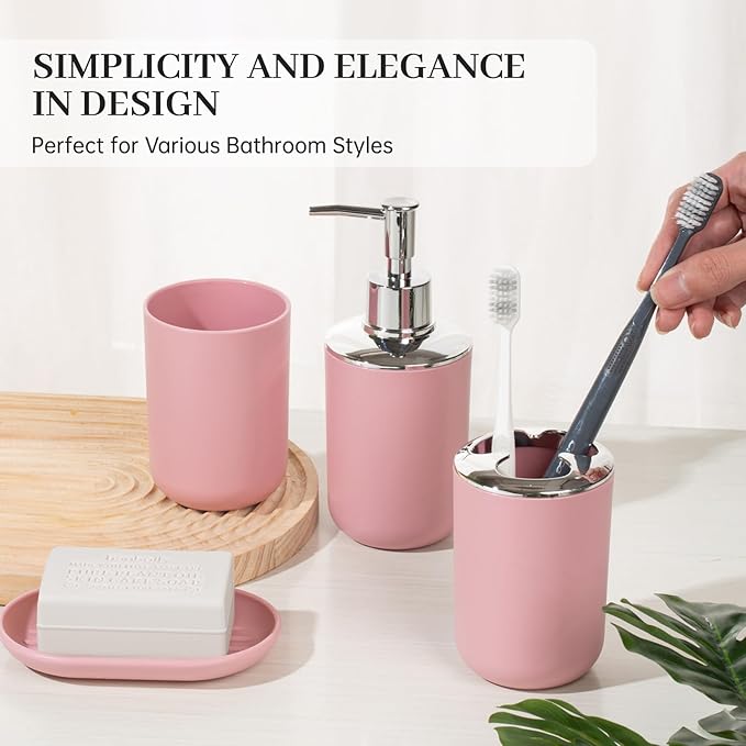Bathroom Accessory Set, 4 Pcs Plastic Bathroom Set Include Soap Dispenser, Soap Dish, Toothbrush Holder, Mousewash Cup, Modern Bahtroom Décor Set, Space Save for Bathroom(Light Pink)