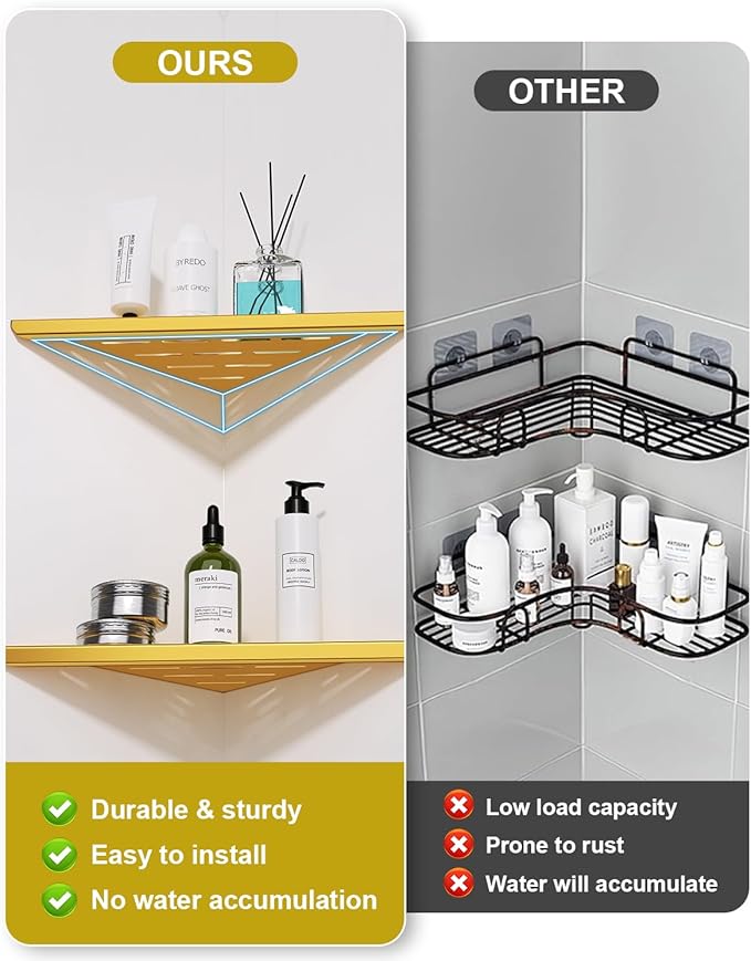 YACVCL Brushed Gold Corner Shower Shelf 304 Stainless Steel 10" Recessed Corner Shelf Bathroom for Tiled Wall,No Drilling Floating Shower Shelves Shampoo Holder, 2 Pack