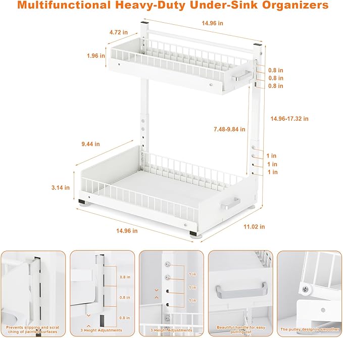 2 Pack Under Sink Organizer, 2 Tier Slide Out Cabinet Organizer with Pulley, Height Adjustable Pull Out Shelf for Kitchen, Bathroom, Laundry and Utility Storage, White