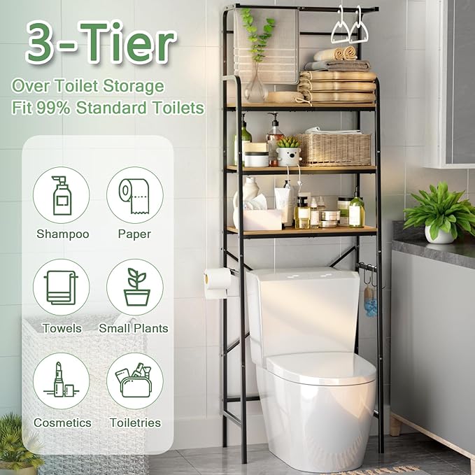 REFGY Over The Toilet Storage Cabinet,3-Tier Over The Toilet Storage Shelf with Hanging Bar,Metal Frame with Wood Bathroom Organizer Shelves,Space Saving Storage Bathroom Shelves Above Toilet for Room