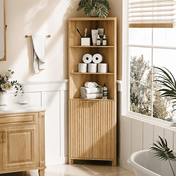 VINGLI 68" Tall Corner Cabinet with Fluted Door, Natural Oak Corner Storage Cabinet with Adjustable Shelves, Freestanding Bathroom Corner Cabinet with 30mm Thick-Look Top & Square Legs