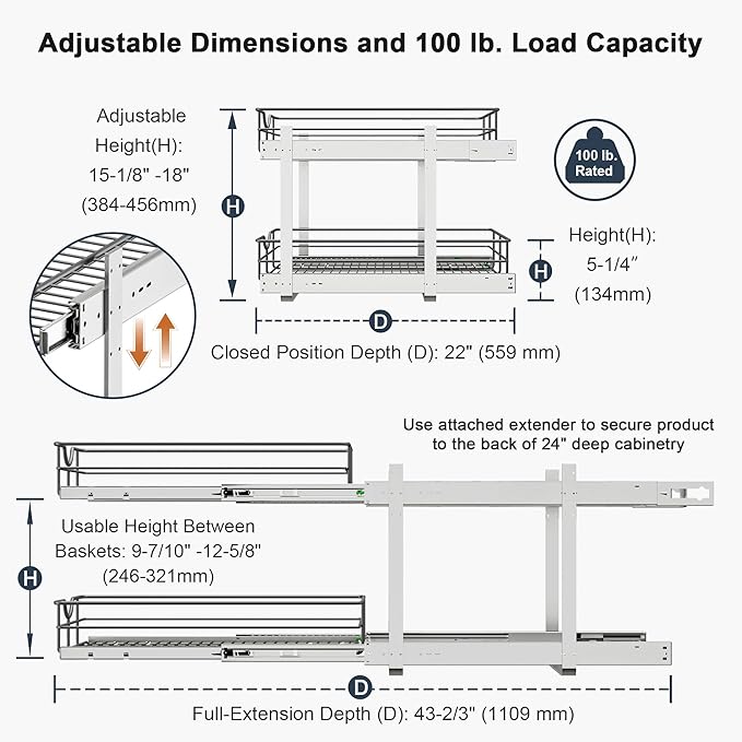 2 Tier Pull Out Cabinet Organizer - 8" W x 22" D Soft Close Slide Out Shelves with Shelf Liners - Pullout Drawers for Kitchen Cabinets, Pantry, Bathroom, Heavy Duty Steel Wire Baskets