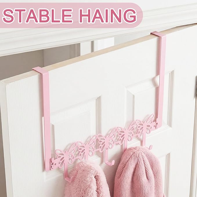 AceOrbit Pink Butterfly Over The Door Hooks Wall Mount Towel Hanger Cute Door Holder Rack with 5 Hooks Hanging Towel, Coat Keys, Bags, Hats, Clothes for Bedroom Bathroom Kitchen Dorm Room Organizer