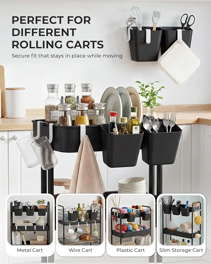 4 Pack Rolling Cart Accessories, Black Craft Cart Cup Holder and 6 Hooks for Utility Carts, Adhesive Kitchen Cabinet Door Storage, Space-Saving Wall Mount Organizer for Bathroom, Office, Makeup