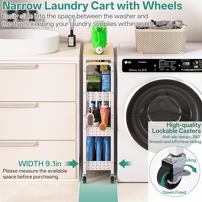 DTUQYX Slim Rolling Storage Cart, 4 Tier Small Organizer Cart with Wheels, Metal Utility Shelf Kitchen Bathroom Laundry Room Organization Trolley with Handle for Narrow Space (9.1" Overall Width)