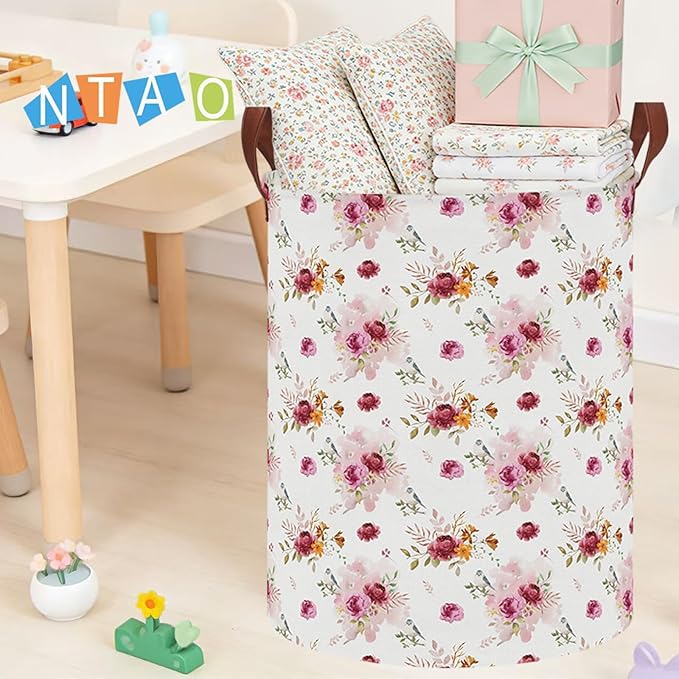 NTAOHAMPER Retro Pink Floral Large Laundry Hamper,Laundry Basket,Baby Nursery Hamper,Waterproof Storage Bin,Clothes Organizer Basket,Room Decor(Retro Pink Floral）