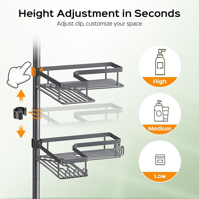 HAMITOR Shower Caddy Tension Pole: 4-Tier Corner Bathroom Organizer with Soap Holder - No-Drill Adjustable Storage Rack - 47-123 Inch Rustproof Space Saving Gray