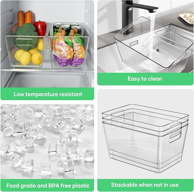 6 Pack Clear Plastic Storage Bins, 11" Large Pantry Organizer Bins with Handles, Plastic Containers for Refrigerator,BPA-Free Perfect for Kitchen,Fridge,Cabinet,Pantry,Bathroom,Closet Organization
