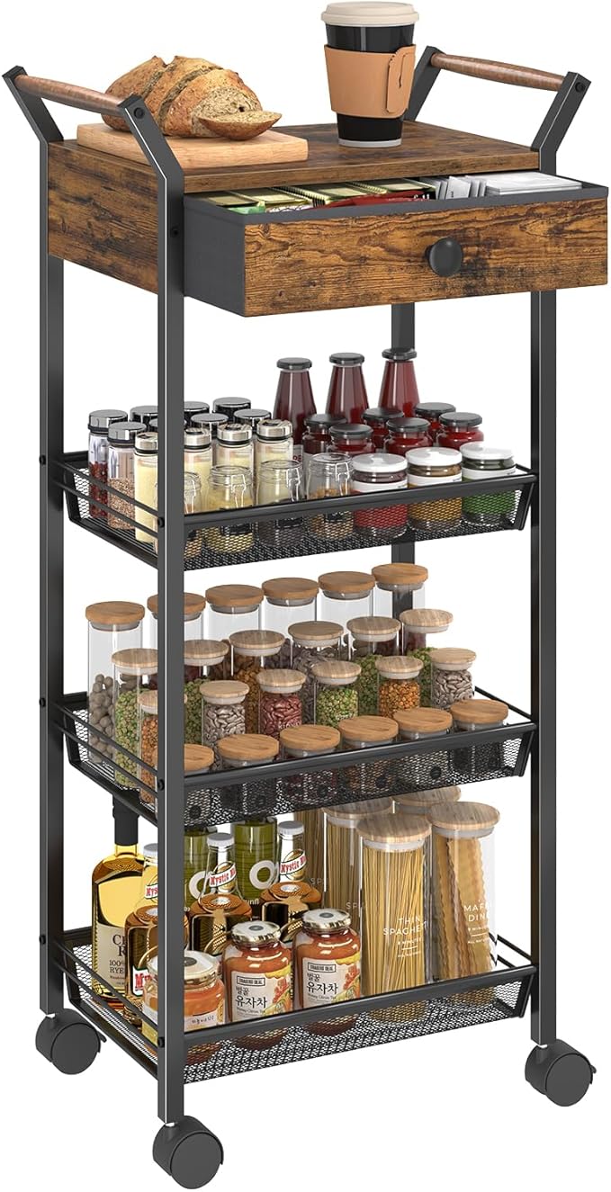 Asgolion Large Fruit Vegetable Storage Cart, 5-Tier Kitchen Rolling Cart with Wheels & Drawer, Metal Wire Storage Basket Organizer Baskets for Kitchen, Pantry, Bathroom