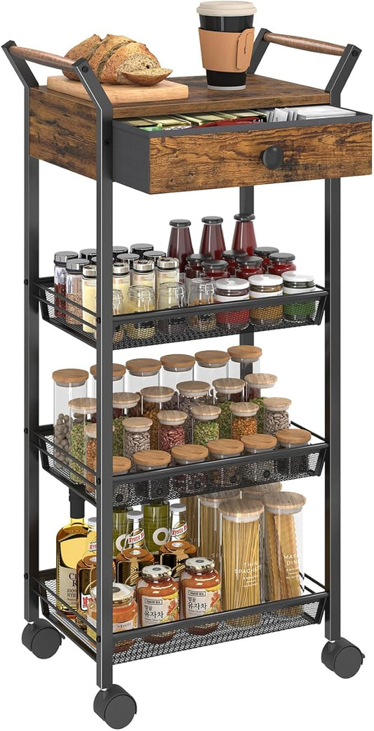 Asgolion Large Fruit Vegetable Storage Cart, 5-Tier Kitchen Rolling Cart with Wheels & Drawer, Metal Wire Storage Basket Organizer Baskets for Kitchen, Pantry, Bathroom
