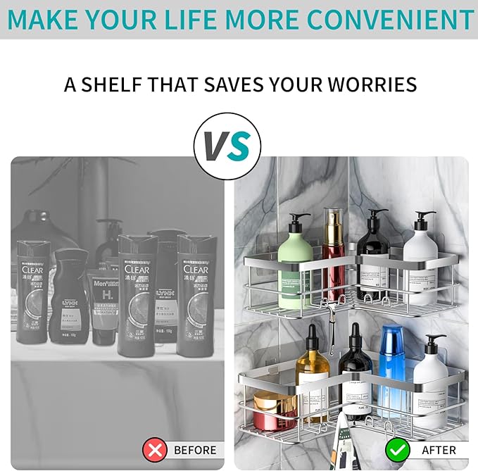 Corner Shower Caddy, 4-Pack Adhesive Shower Shelves with Soap Holder No Drilling, Rustproof Bathroom Shower Organizer Storage, Silver