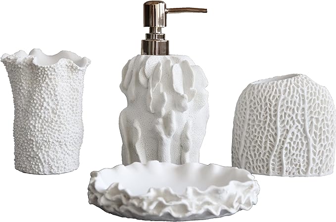 Hymmah Bathroom Accessories Set,Coral Seashell Design Toothbrush Holder,Farmhouse Bathroom Decor,4 Pcs Resin Gift Set Apartment Necessities, Contain Toothbrush Cup,Soap Dispenser,Soap Dish,Tumbler