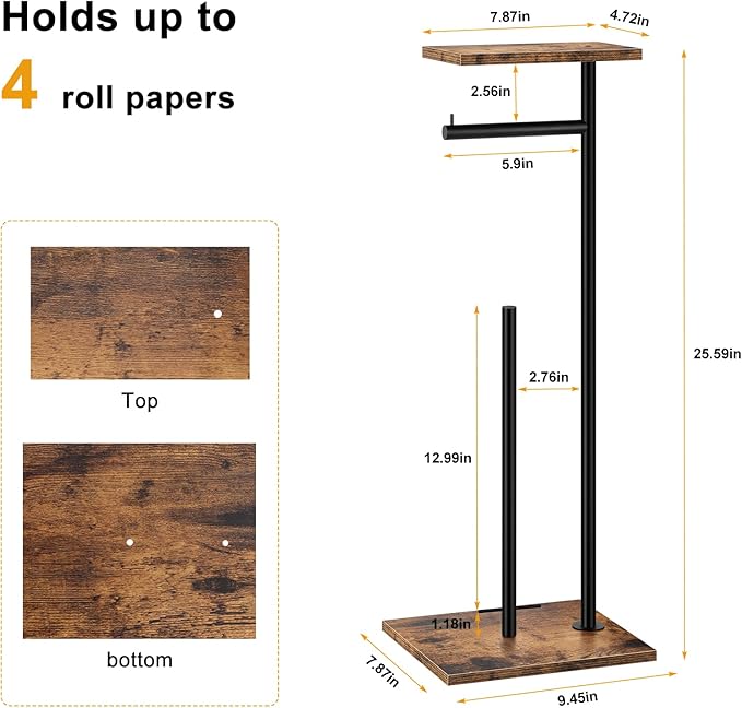 Toilet Paper Holder Stand with Shelf Toilet Paper Roll Holder with Reserve Free Standing TP Holder Rustic Toilet Paper Stand with Shelf for Bathroom Holds Wipe, Mobile Phone, Mega Rolls, Rustic Brown