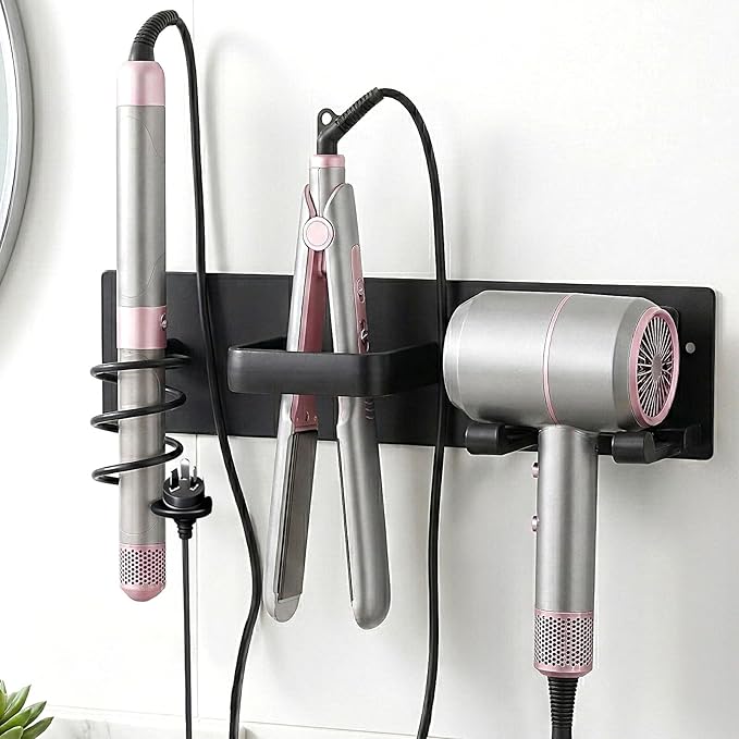 Hair Dryer Holder Wall Mounted 3 in 1 Bathroom Hair Tool Organizer Rack with Curling Iron Holder & Flat Iron Holder Blow Dryer Holder for Universal Dryer, Matte Black