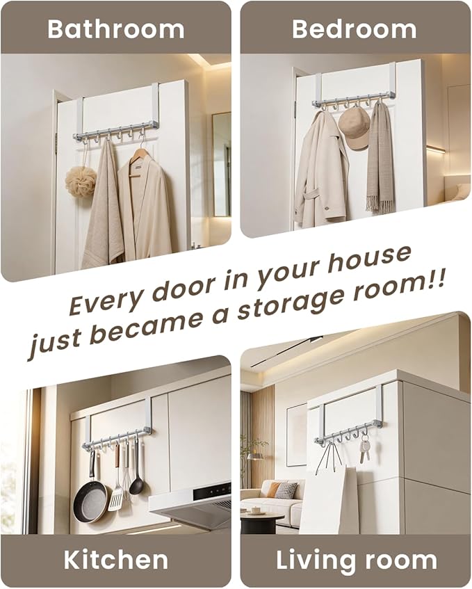 BOF Heavy Duty Over The Door Hooks, Moving 6 Door Hooks for Hanging, Over The Door Hanger Organizer for Bathroom,Silver