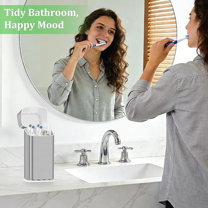 GFWARE Electric Toothbrush Holders with Cover - Dustproof Tooth Brush Holder for Bathroom, Covered Toothpaste and Toothbrush Holder with Drainage, Bathroom Toothbrush Organizers with Lid, Silver