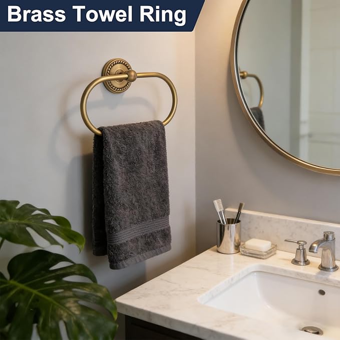 Oval Towel Ring, Brass Towel Holder for Bathroom Wall Mounted, Antique Gold Hand Towel Ring, Fashion Towel Rack Hanger for Washroom, Kitchen, Washbasin, Bar