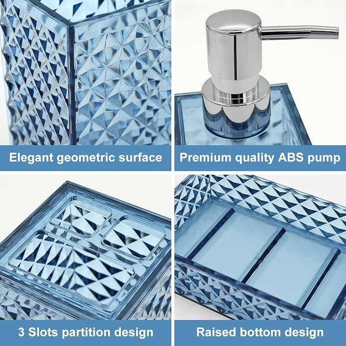Bathroom Accessories Set, 4 Pcs Bathroom Decor Bathroom Sets Accessories, Diamond Soap Dispenser, Bathroom Tumbler, Soap Dish and Toothbrush Holder Set, Boho Bathroom Decor Blue