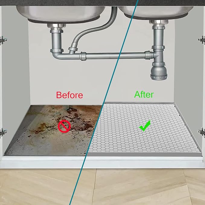 Under Sink Mat 28 x 22 for Kitchen Waterproof, Silicone Under Kitchen Bathroom Protector Sink Liner Mat, Easy to Clean Cabinet Mat Organizers and Storage, Light Grey