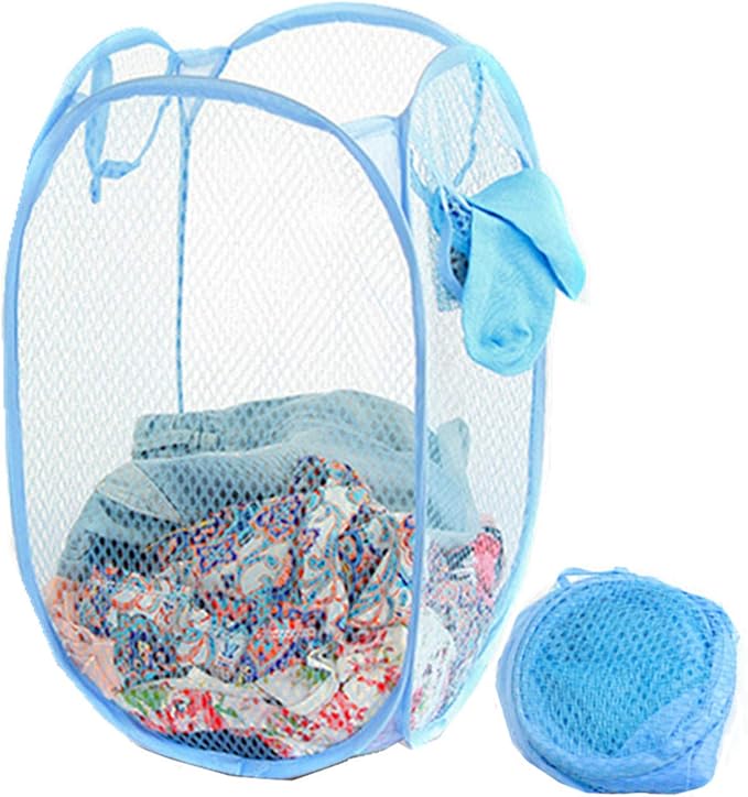 Portable Extra Large Rectangle Pop-Up Clothes Basket Tall Laundry Mesh Hamper With Handles Space Saving Storage Bin,Sky Blue