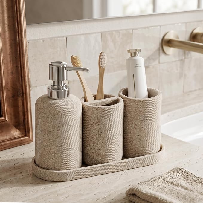 Bathroom Accessories Set, Bathroom Organizer Countertop, Soap Dispenser and Toothbrush Holder, Mouthwash Cup, Tray Set, Vanity Tray for Bathroom, 4 Pieces Modern Decor (Beige)