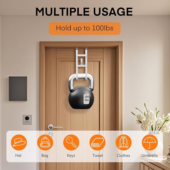 FYY Over The Door Hooks - 2 Pack Heavy Duty Triple-Hook Hanger, Rubber Coating Organizer for Bathroom Bedroom Kitchen Dorm, Hanging Towels Clothes Hats Bags Ironing Board, Fits Doors Up to 1.6" White