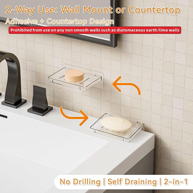 SUOXING 2 Pack Bar Soap Holder for Shower Wall,Self Draining Adhesive Soap Holder,Rustproof Wall Mounted Acrylic Shower Soap Rack & Caddy for Bathroom,Bath,Kitchen,No Drilling PlasticSoap Shelf,Clear