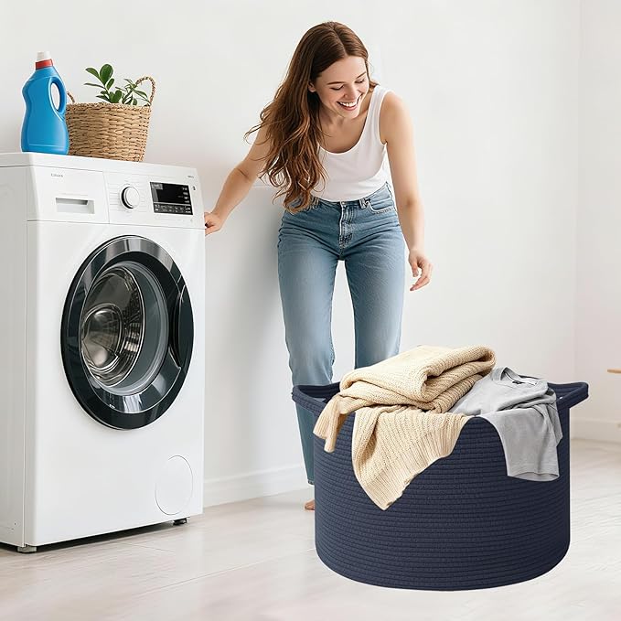 115L Extra Large Navy Blue Woven Cotton Rope Basket with Handles, Kids Nursery Laundry Hamper for Toys, Blankets, Pillows & Comforters, Storage Bin for Bedroom & Playroom