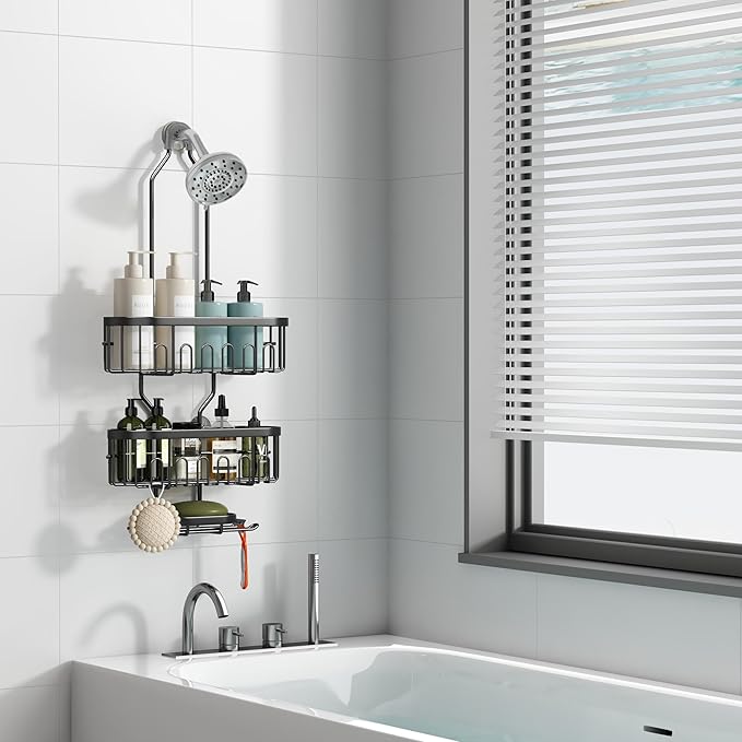 CICUFY Shower Caddy Hanging, Rustproof Bathroom Shower Organizer Hanging, No Drilling Over the Shower Head Caddy with Hooks for Razor, Shower Shampoo Holder with Soap Basket, Black