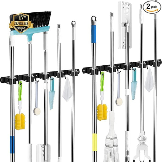AceMining 2 Pack Black 5 Racks and 4 Hooks Mop and Broom Holder Wall Mount, Broom Organizer Storage Tool Racks Stainless Steel Heavy Duty Hooks Self Adhesive Solid Non-slip for Home Kitchen Garden