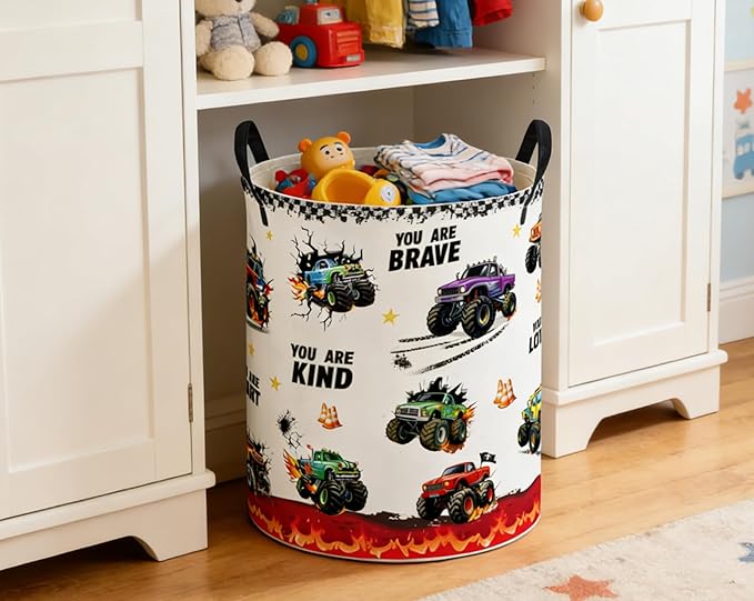 ESSME Kids Laundry Basket,Monster Truck Hamper Collapsible Canvas Storage Bin for Boys, Cute Hamper,Gift Baskets(Flame Truck)