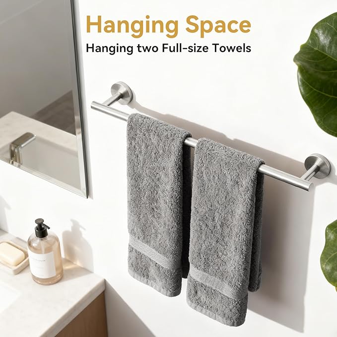 Brushed Nickel Towel Bar, 24 Inch Bathroom Towel Rack, Towel Holder Wall Mounted, Thicken SUS304 Stainless Steel Towel Rod Modern Home Decor (Total Length 26 Inch)