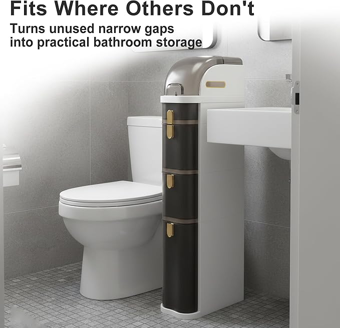 Slim Bathroom Storage Cabinet with Drawers, Narrow Floor Cabinet for Small Spaces, Vertical Bathroom Organizer Next to Toilet, Freestanding Bathroom Storage with Wheels