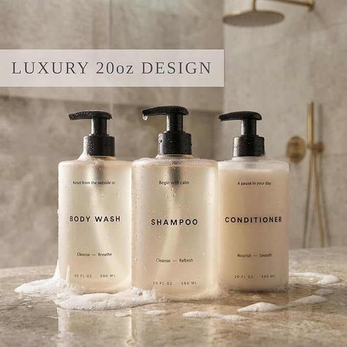 Stylish Shampoo and Conditioner Dispenser Set of 3 - Modern 20oz Shower Soap Bottles with Pump and Labels - Easy to Refill Body Wash Dispensers for an Instant Bathroom Decor Upgrade