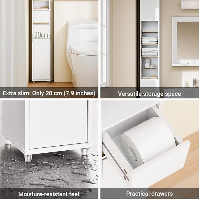 SoBuy Bathroom Narrow Storage Cabinet Skinny Tall Unit with Adjustable Shelves Slender Anti-Tipping Floor Standing Cupboard, White & Natural BZR34-WN