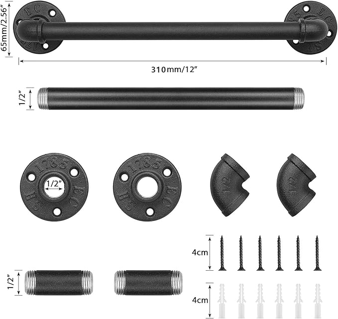 Industrial Pipe Towel Rack Towel Bar, Heavy Duty Wall Mounted Rustic Farmhouse Bath Towel Holder for Bathroom (Black, 12 inch)